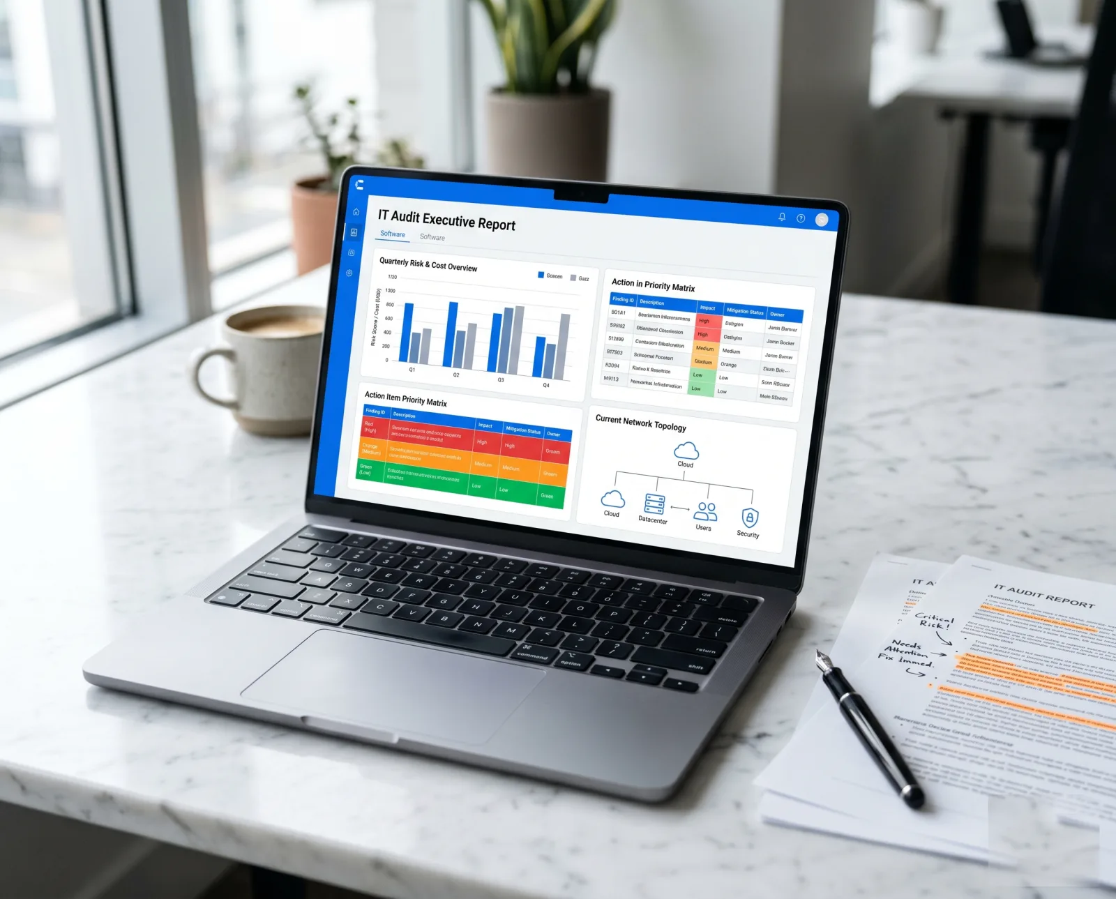 Relatório executivo de auditoria de TI em laptop com gráficos de risco e custo