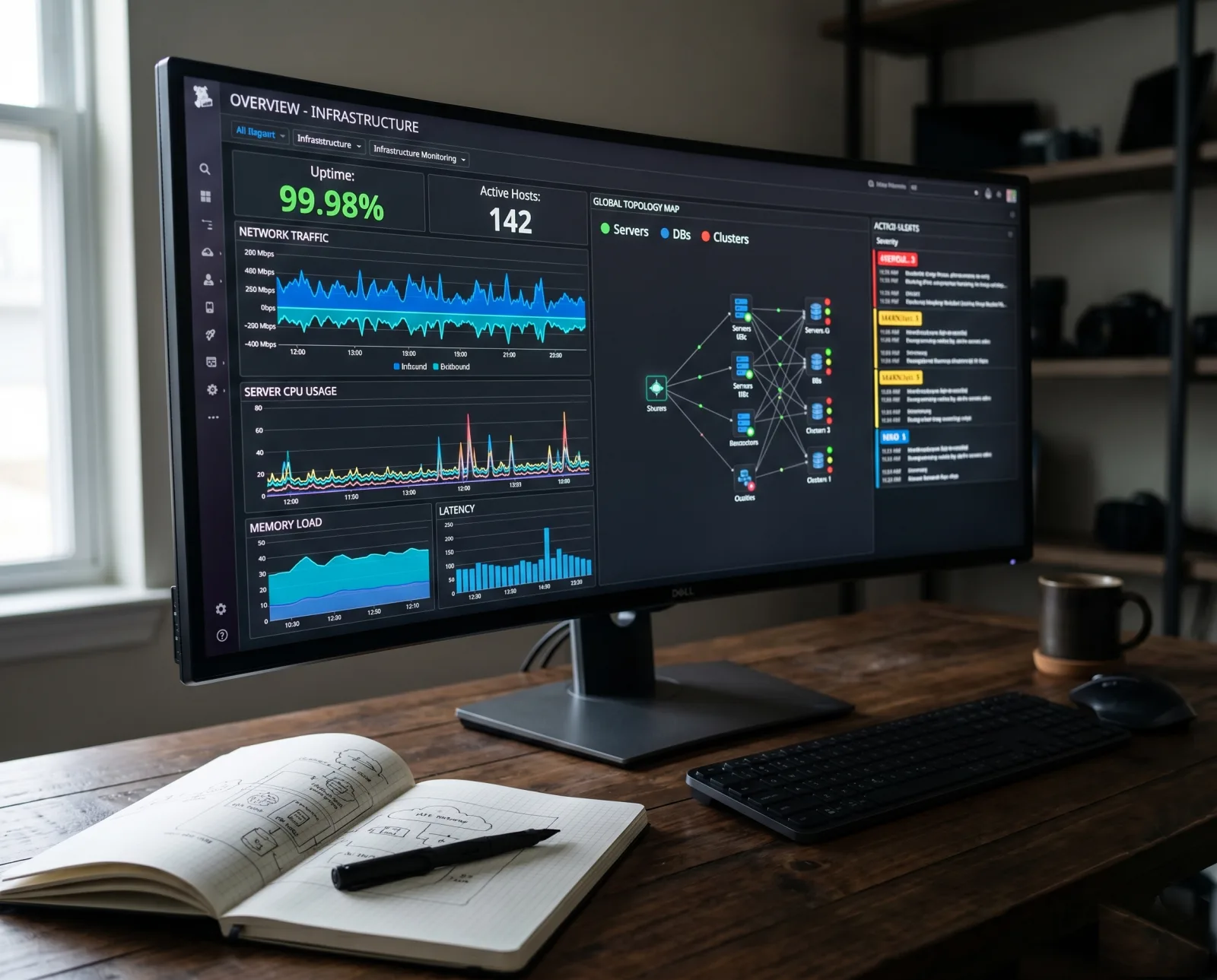 Estação de trabalho técnica com dashboard de monitoramento de infraestrutura