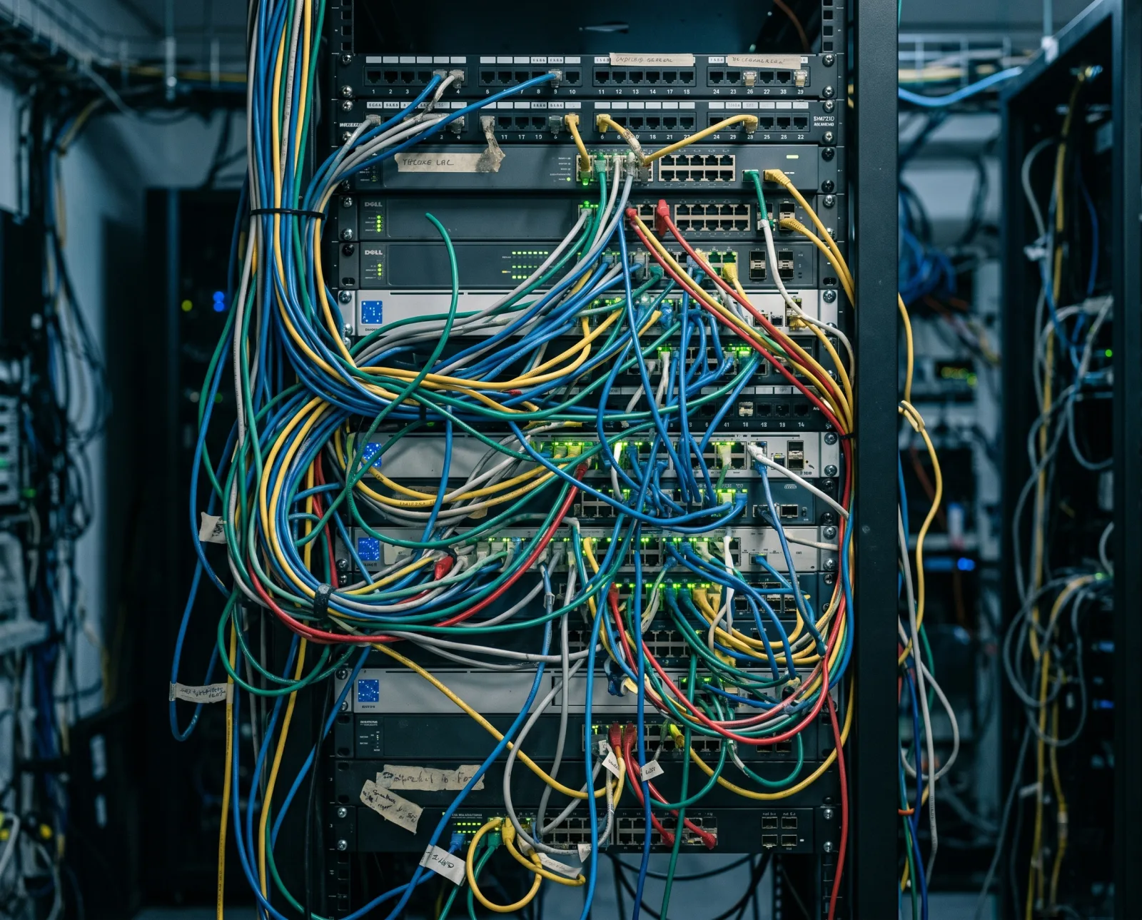 Rack de servidor com cabeamento desordenado — operação que cresceu sem padronização